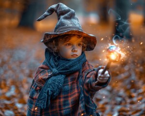 A young child dressed as a witch casts a spell with a glowing wand. AI.
