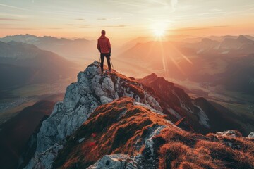 Fototapeta premium A hiker stands on a mountain peak, enjoying the sunset. AI.