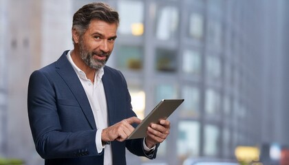 Portrait of Handsome middle-aged businessman, wearing suit, uses a tablet.
