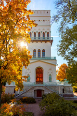 White tower in Alexander park in autumn, Pushkin (Tsarskoe Selo), Saint Petersburg, Russia