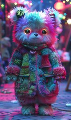 A colorful, furry creature with big eyes. AI.