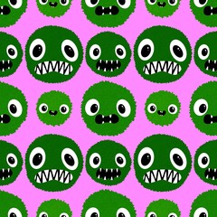 Cartoon circle monsters with teeth seamless Halloween animals pattern