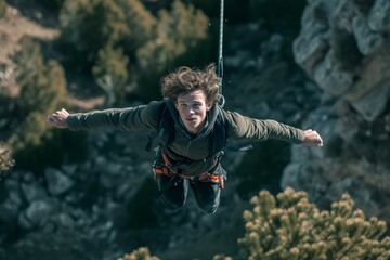 Young boy in the air above a cliff after bungee jumping
