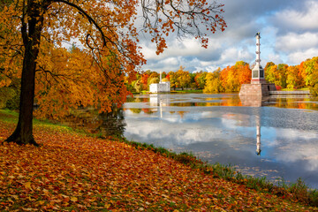 Chesme column and Turkish bath in autumn foliage in Catherine park, Tsarskoe Selo (Pushkin), Saint Petersburg, Russia