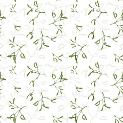 Cute mistletoe branch with green leaves. Watercolor illustration in digital. Mistletoe branch with berries. Botanical illustration, isolated on background. Winter and Christmas theme, seamless pattern