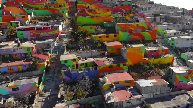 Colored Houses, Macromural in Pachuca de Soto - Colorful buildings in Cubitos district in Pachuca, Hidalgo state, Mexico