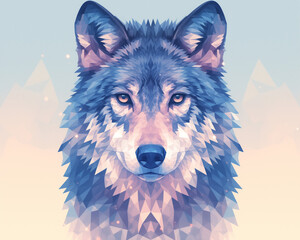 geometric wolf portrait in pastel tones with a tranquil mountain backdrop