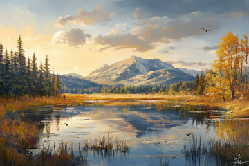 Fototapeta premium Majestic mountains reflect in tranquil waters at sunset in a vibrant landscape