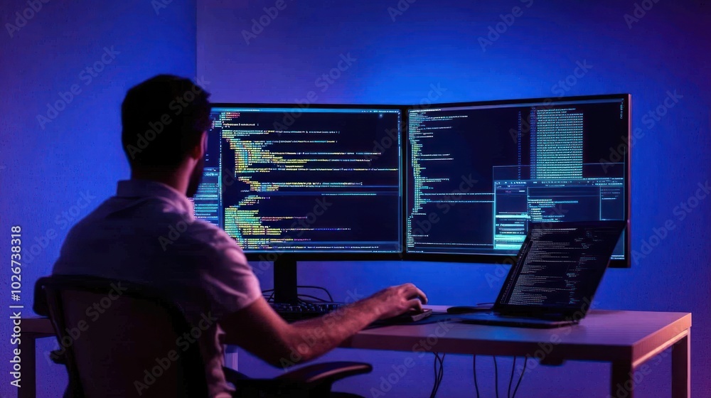 Poster Programmer Working Late at Night with Dual Monitors