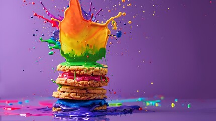 An attractive creative view of a sandwich of cookies splattered with rainbow paint against a purple...