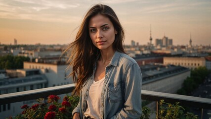 Young Woman Posing on a Rooftop Terrace at Sunset with a Cityscape in the Background