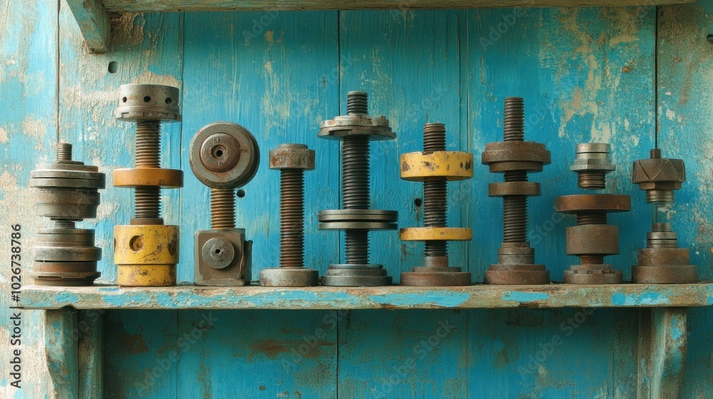 Poster rusted metal objects arranged on a weathered blue shelf