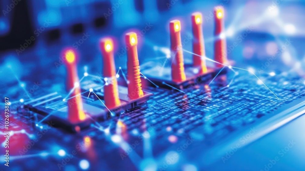 Poster red and yellow lights on a circuit board with white lines