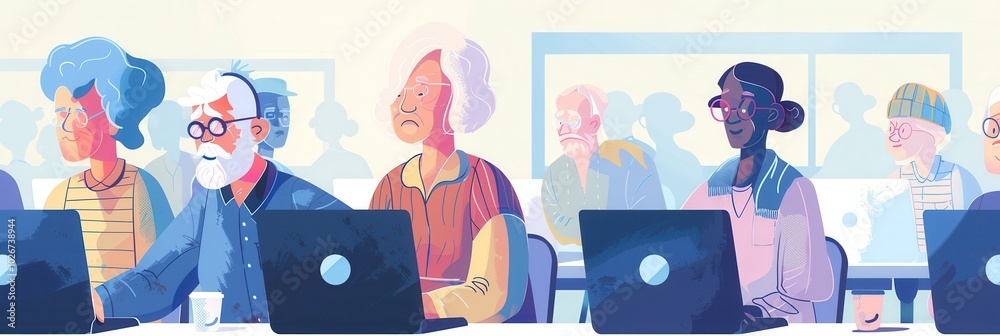 Aufkleber a group of elderly individuals participates in a computer course, actively using laptops and desktop