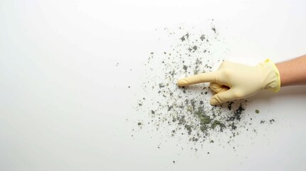 a white wall with visible mold growth beginning to form. A human hand, wearing a rubber glove, is pointing a finger directl	