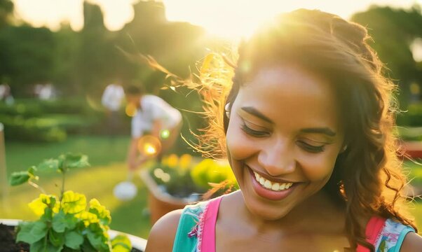 Puerto Rican Woman Gardening with Community Members in Park