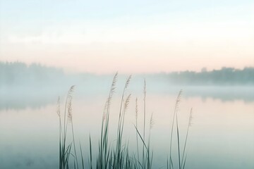 Grass stem sways in the wind on calm sea in the morning or evening. Fog over lake in summer. Nature view landscape, background, poster, banner, copy space