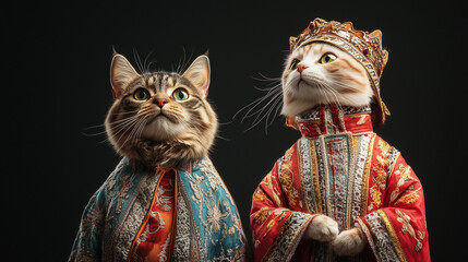 Fototapeta premium Two cats dressed in elaborate royal attire pose against a dark background.