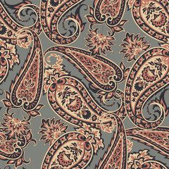 Floral seamless pattern with paisley ornament. Vector illustration in asian textile style