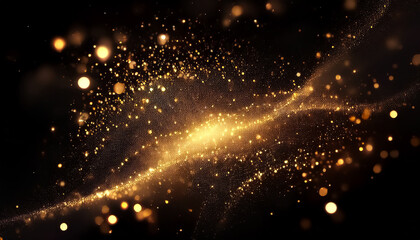 Fototapeta premium golden particles, drifting, gathering, galaxy, wave, sound, digital, shining, glittering, universe, glowing, luxury, wallpaper, black background, illustration, design