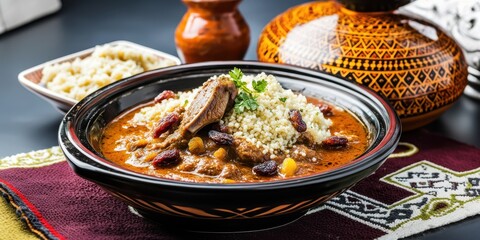 a bowl of food with rice and meat