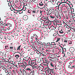 Hand drawn floral paisley seamless vector pattern. Batik style fabric