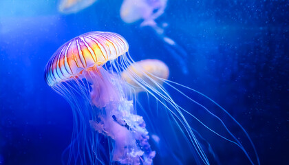 Obraz premium Jellyfish swimming gracefully underwater, transparent, calm, drifting, fluttering, glowing, tentacles, beautiful, illustration