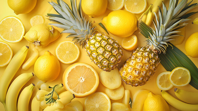 Bright and Cheerful Yellow Fruit Composition with Pineapples, Lemons, and Bananas for Vibrant Designs