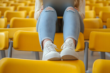 Fototapeta premium Bright Yellow Seats with Woman Using Laptop, Vibrant and Cheerful Study Environment