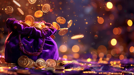 a purple velvet bag overflowing with gold coins, with some coins spilling out and others suspended in mid-air as if they are being tossed or magically floating
