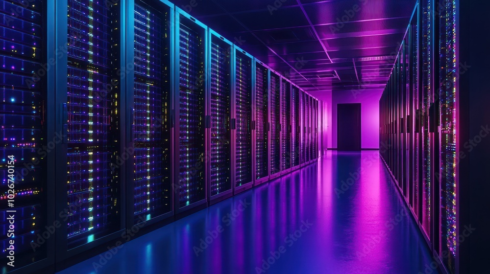 Poster Server Room with Rows of Illuminated Servers in a Violet and Blue Light
