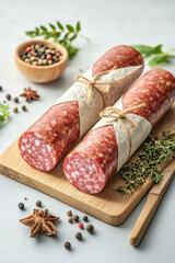 Two slices of salami tied with string on a cutting board with spices.