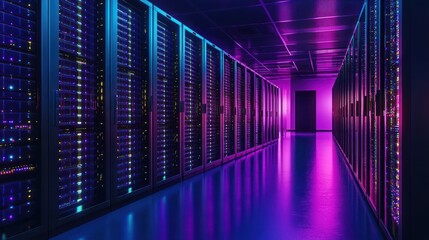 Fototapeta premium Server Room with Rows of Illuminated Servers in a Violet and Blue Light