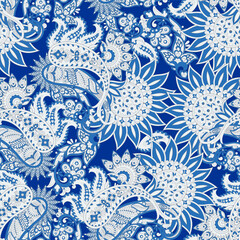 Madhubani, kalamkari, kani seamless pattern. Vector Ajrakh Ikat print patola. Background digital printing textile pattern floral allover design