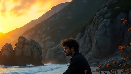Young man sitting on the beach at sunset, gazing thoughtfully at the horizon with rocky cliffs