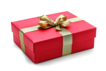 Fototapeta premium Red gift box with a golden bow on a white background. Holiday concept, christmas, birthday, sale, marketing. 
