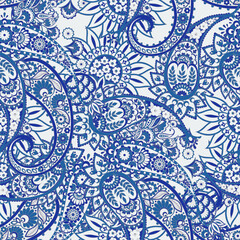 Floral fabric background with paisley ornament. Seamless illustration pattern