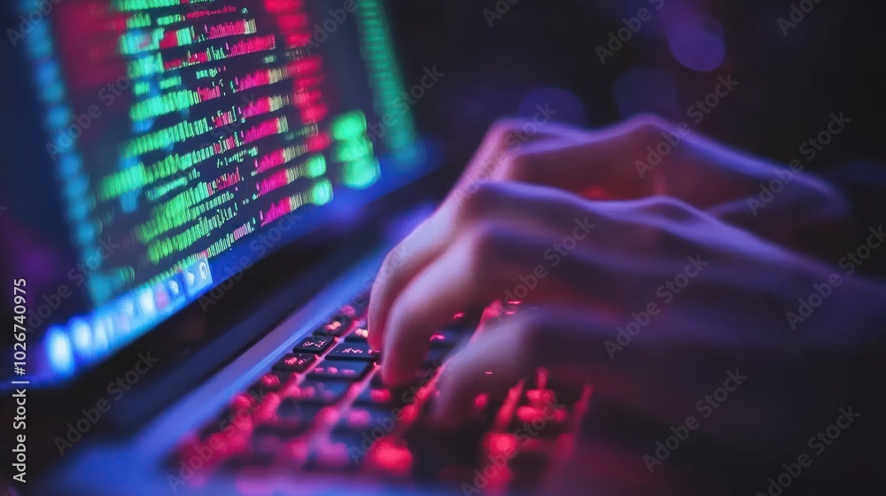 Poster Hands Typing on a Laptop with Glowing Code on the Screen