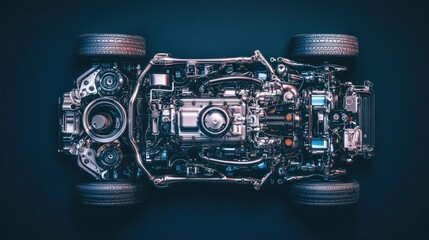 Exposed Car Engine and Chassis with Tires
