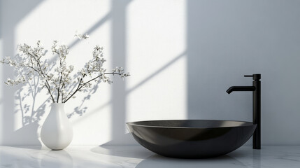 White marble countertop, round dark brown sink, black faucet on white wall in bathroom. Beauty, skin care, body care concept, background.