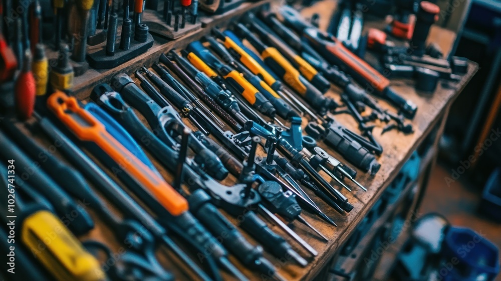 Poster a variety of hand tools organized in a workshop drawer