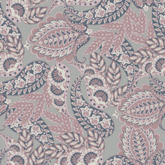 Floral seamless pattern with paisley ornament. Vector illustration in asian textile style