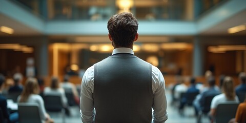 Businessman in White Shirt and Black Tie Leading Presentation in a Modern Office with Glass Walls, Engaging Audience of Professionals in Casual Outfits Seated Around Him