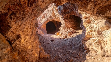 Fototapeta premium Enigmatic Beauty of a Hidden Cave: Journey Through a Magnificent Subterranean Chamber with Intricate Rock Formations and Glistening Minerals, Ultra-Detailed Exploration Shot