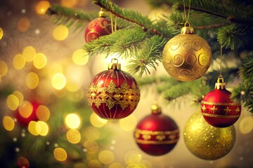 Fototapeta premium Red and gold Christmas baubles hanging from a tree branch, with warm glowing bokeh lights in the background, creating a festive and magical holiday ambiance