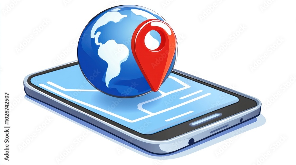 Poster globe and red pin on a smartphone with a map