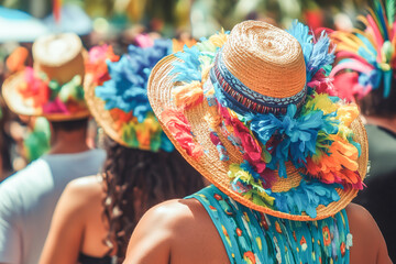Colorful festival hats with feathers celebrating cultural diversity and joyful vibes
