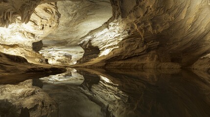 Exploring Hidden Caves: Panoramic View of Intricate Rock Formations and Underground River Flow