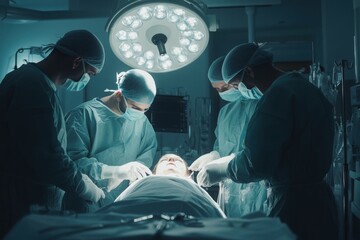 Surgeons performing operation under bright surgical lights