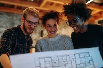 Diverse Team Reviewing Architectural Blueprint Together